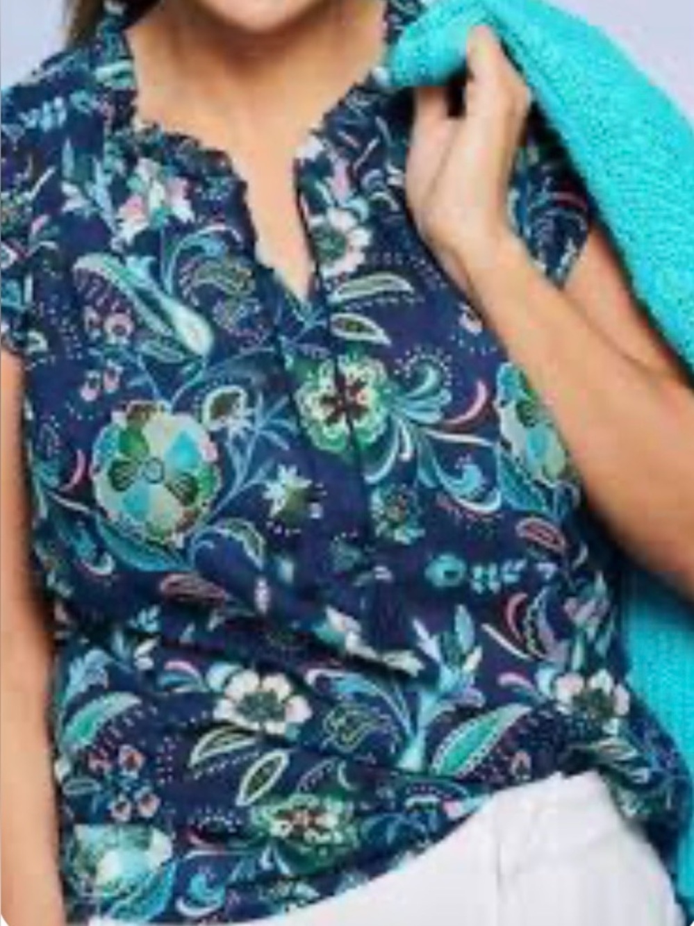 Talbots Navy Floral Sleeveless V-Neck Blouse Teal & Pink Accents Medium Petite
